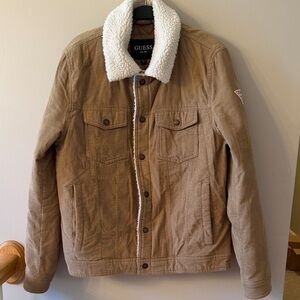 GUESS Tan Corduroy Bomber Jacket with White Sherpa Collar